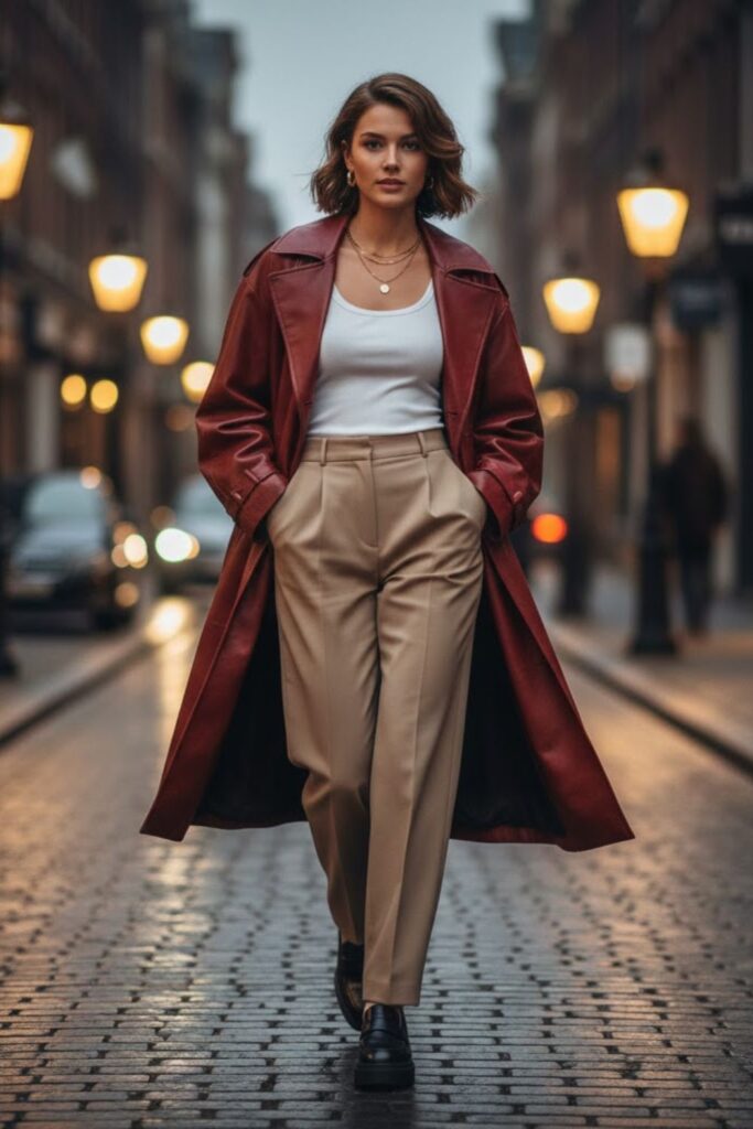 4. Baggy Leather Jacket with Wide-Leg Trousers and Tank