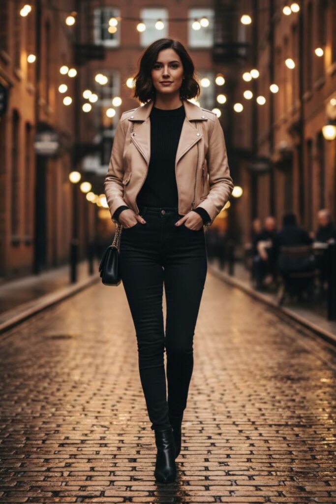 4. Beige Leather Jacket with Black Skinny Jeans