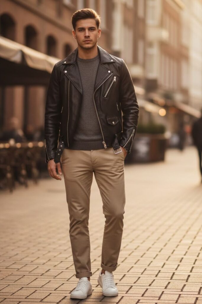 4. Black Leather Jacket Outfit Men with Chinos and Crew-Neck Sweater