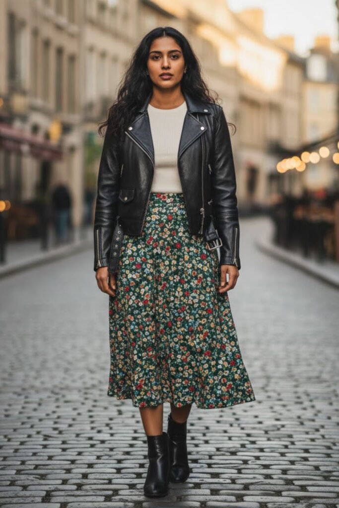 4. Black Leather Jacket with a Midi Skirt