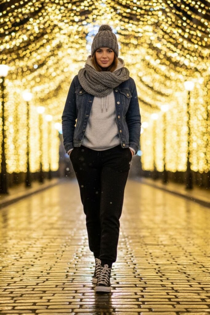 4. Black Sweatpants with Denim Jacket and Hoodie