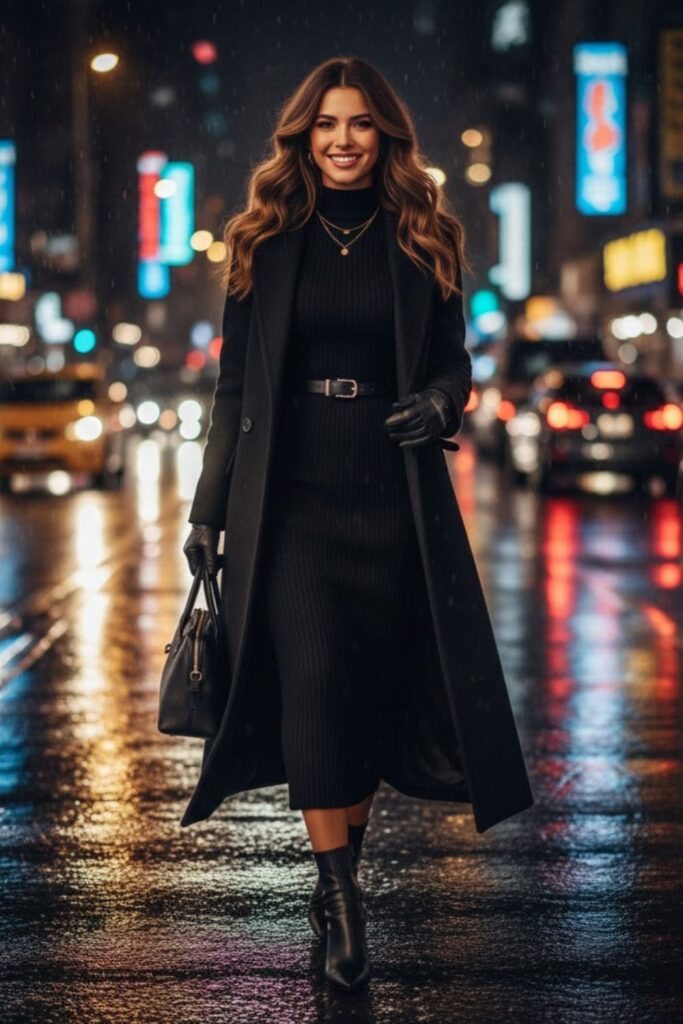 4. Black Wool Coat with Black Knit Dress