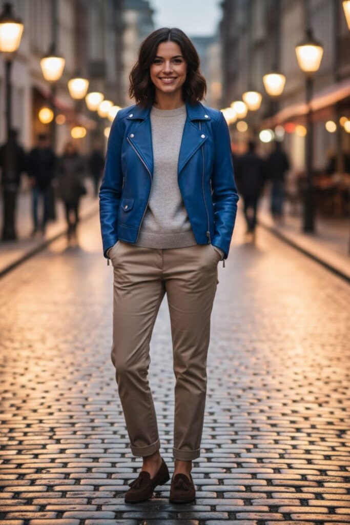 4. Blue Leather Jacket Outfit with Beige Chinos