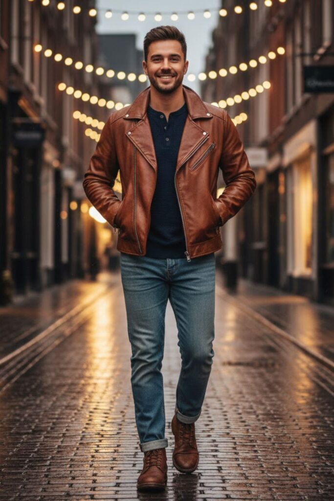 4. Brown Leather Jacket with a Henley Shirt