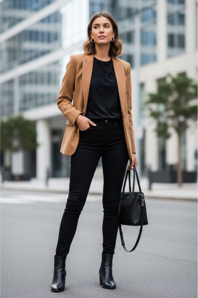 4. Camel Leather Jacket Outfit with Black Skinny Jeans