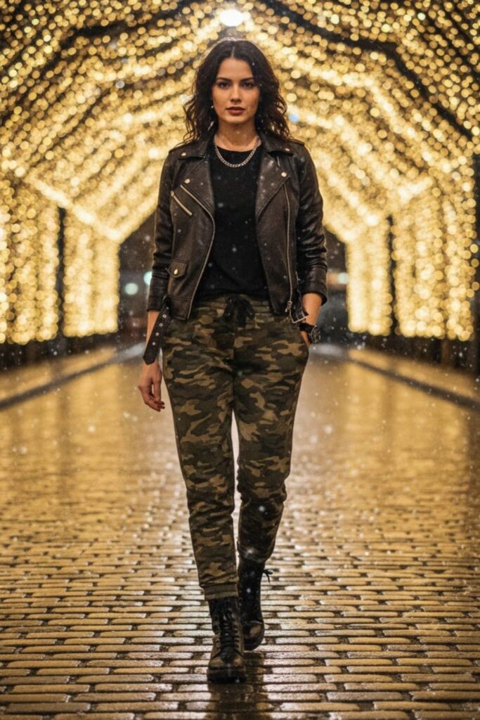 4. Camo Sweatpants with Leather Jacket and Boots