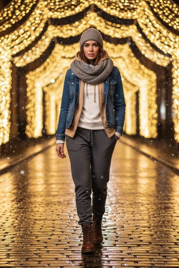 4. Charcoal Sweatpants with Denim Jacket and Hoodie