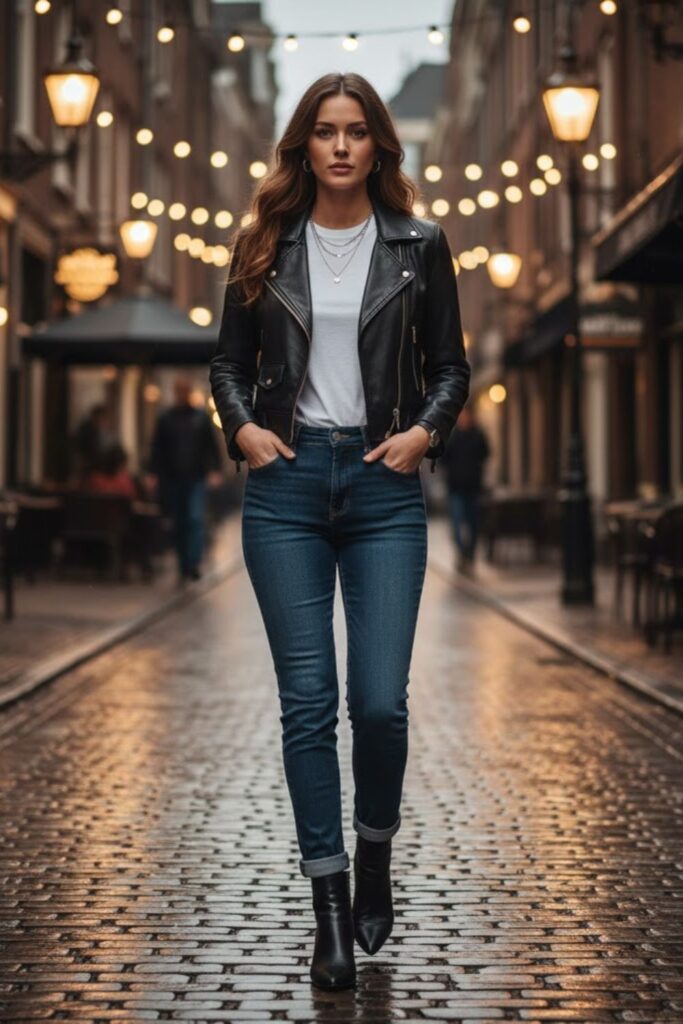 4. Cropped Leather Jacket with a Basic White Tee
