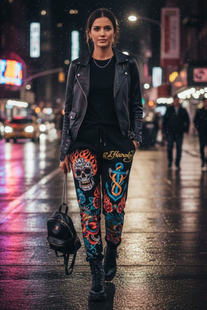 4. Ed Hardy Sweatpants with Leather Jacket and Boots