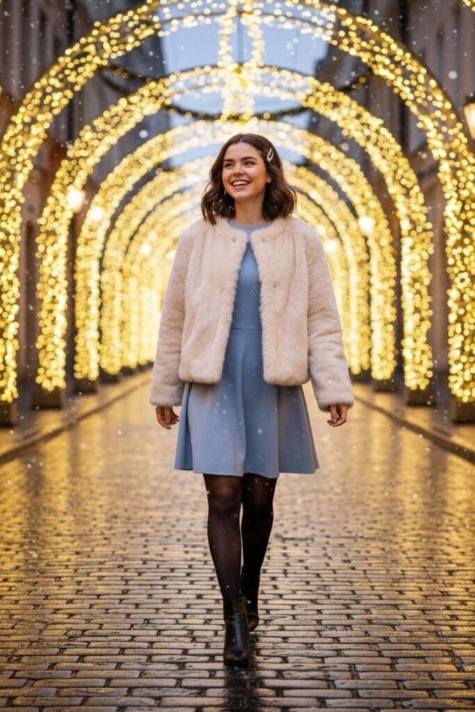 4. Faux Fur Jacket with Simple Dress