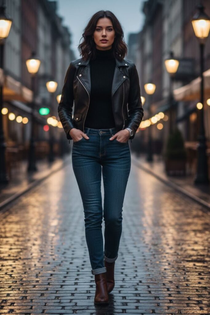 4. Faux Leather Jacket with Turtleneck and Dark Denim