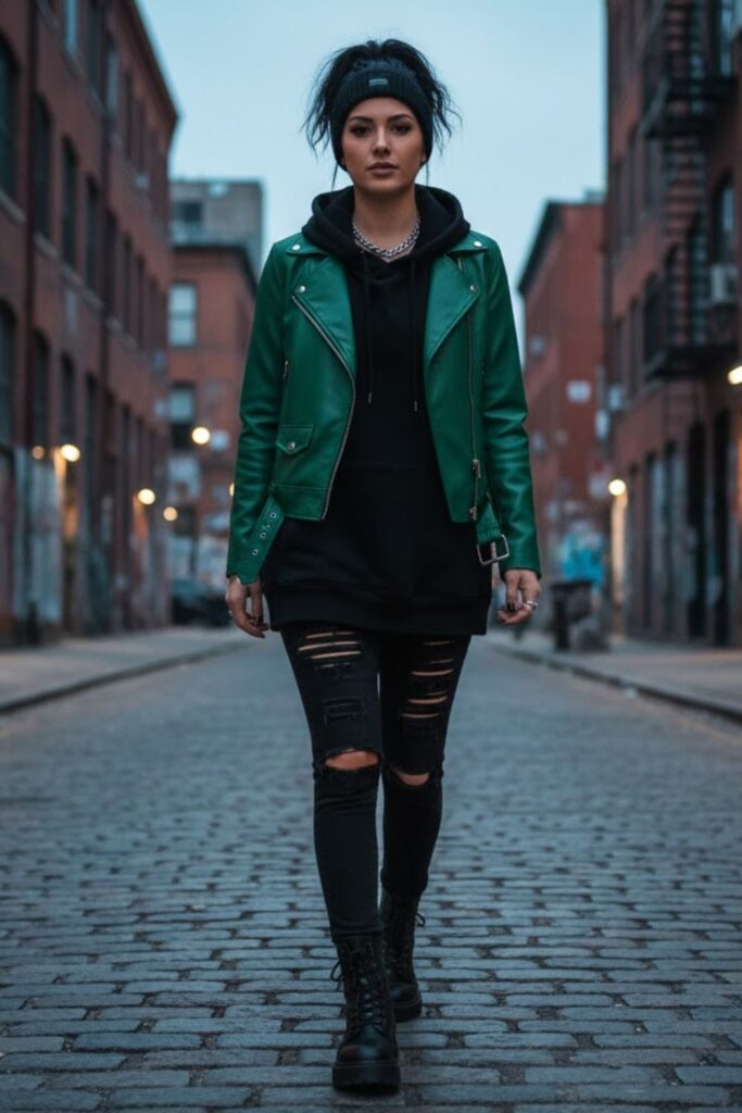 4. Green Leather Jacket with Black Hoodie and Ripped Jeans