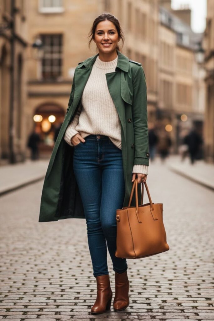 4. Green Trench Coat and a Beige Sweater With Skinny Jeans