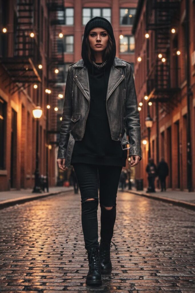 4. Grey Leather Jacket with Black Hoodie and Ripped Jeans