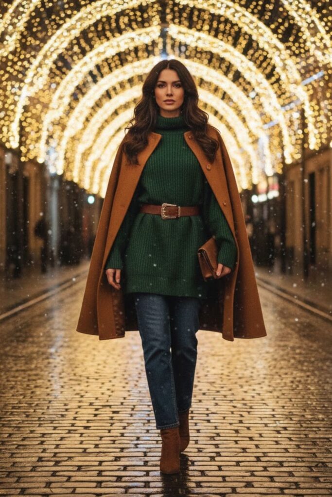 4. High-Waisted Jeans with Sweater Dress Top and Boots