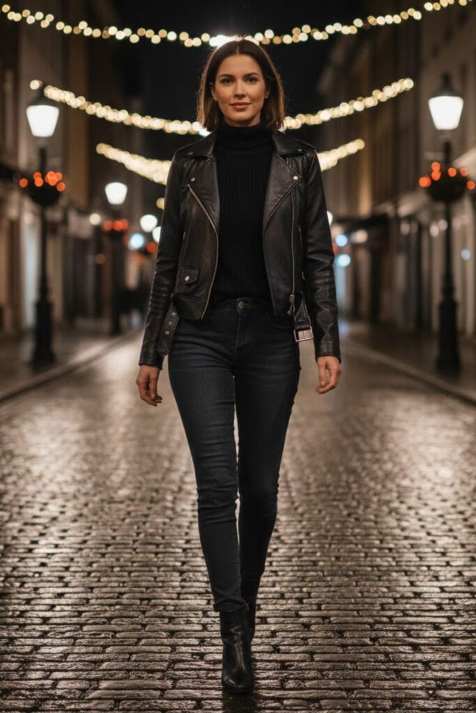 4. Leather Jacket With Turtleneck And Jeans