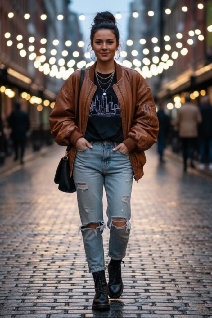 4. Leather Jacket with Graphic Tee and Distressed Jeans