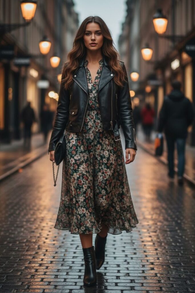 4. Leather Jacket with a Midi Dress