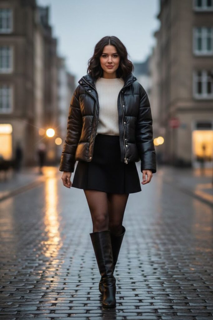 4. Leather Puffer Jacket Outfit with Mini Skirt