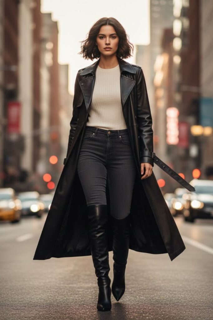 4. Long Leather Jacket and Knee-High Boots