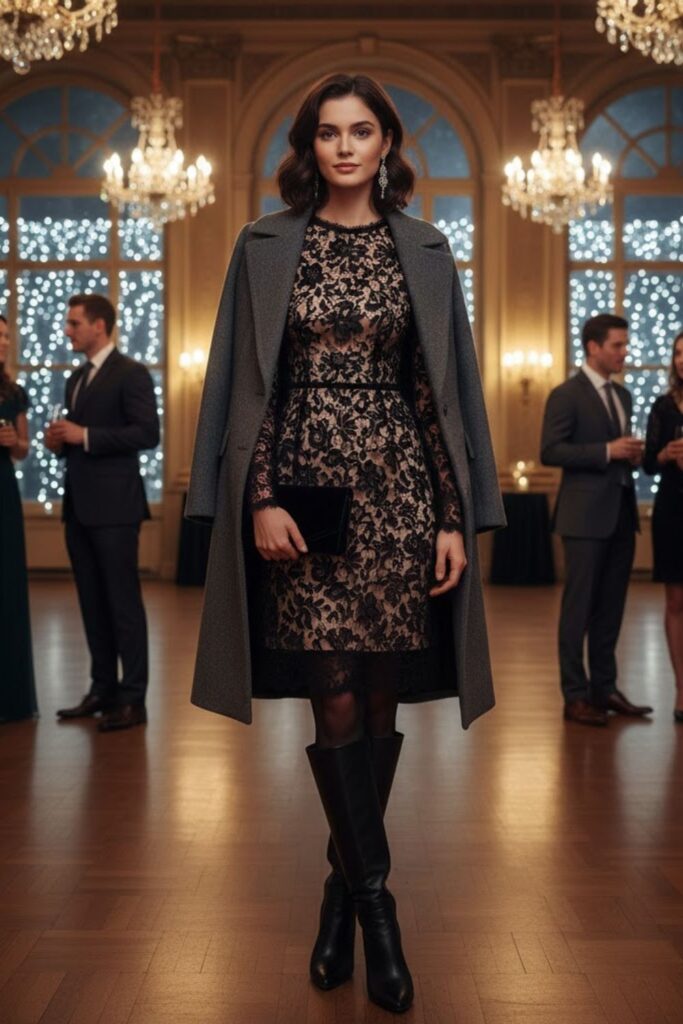 4. Long Sleeve Lace Dress With Tights And Boots