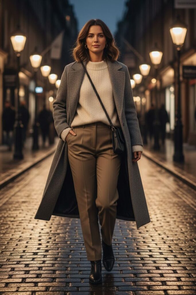 4. Long coat outfit casual with knit sweater and straight-leg pants