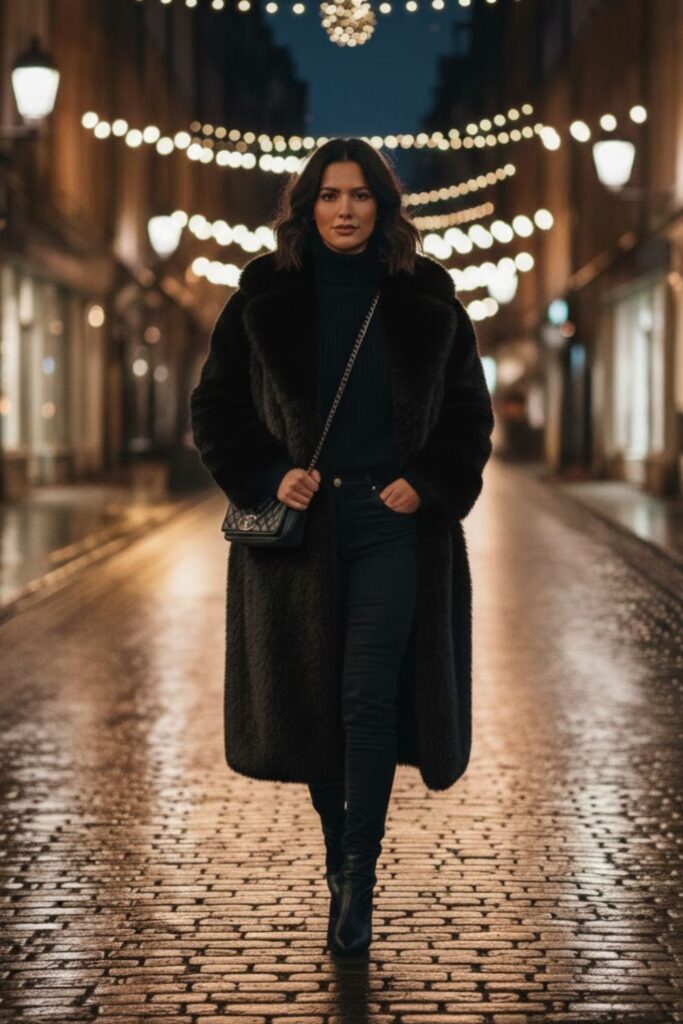 7. Long fluffy coat outfit with denim-on-denim layers