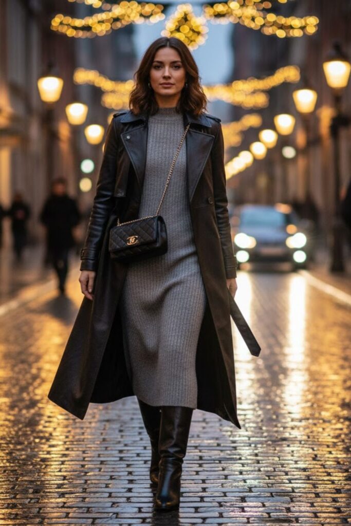 4. Long leather coat outfit with knit dress and boots