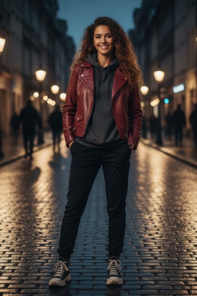 4. Maroon Leather Jacket with a Gray Hoodie