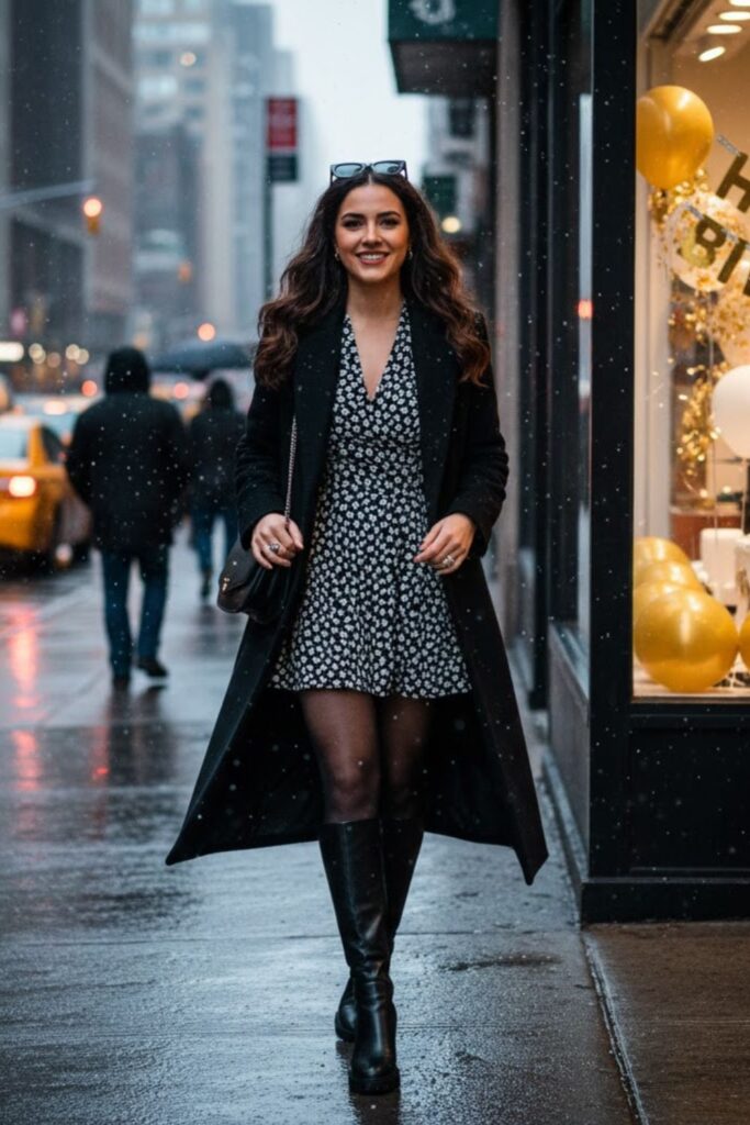 4. Mini Dress With Tights and Long Coat