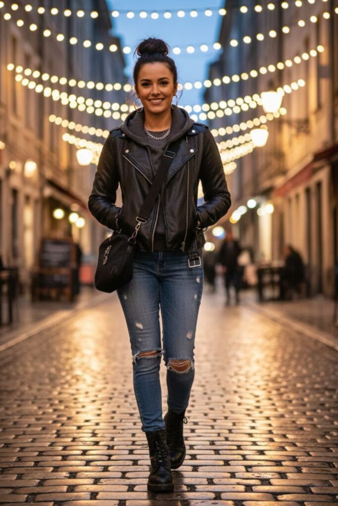 4. Moto Leather Jacket with Ripped Jeans and Hoodie