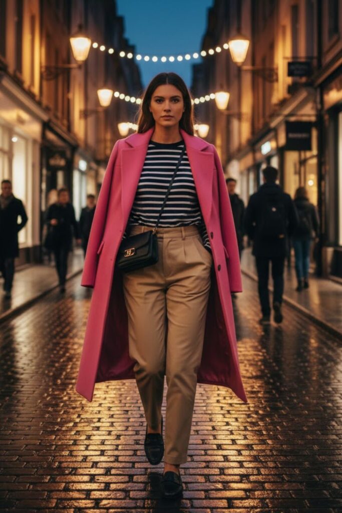 4. Pink long coat outfit with striped shirt and chinos