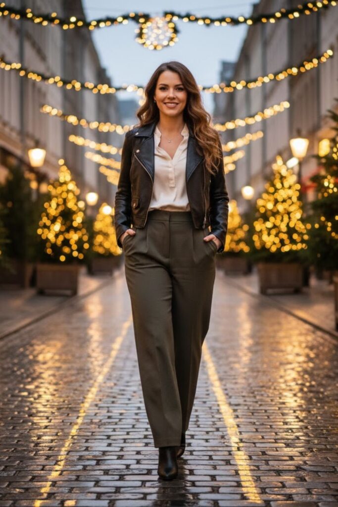 4. Short Leather Jacket with High-Waisted Trousers