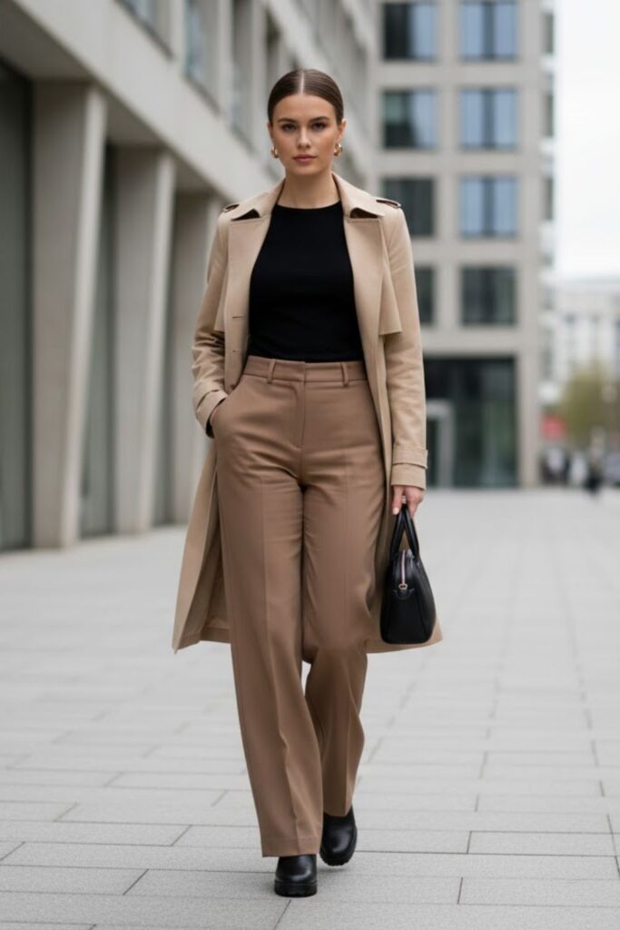 4. Spring Trench Coat with Wide-Leg Trousers