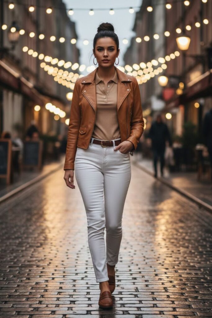 4. Tan Leather Jacket with White Jeans and Polo Shirt