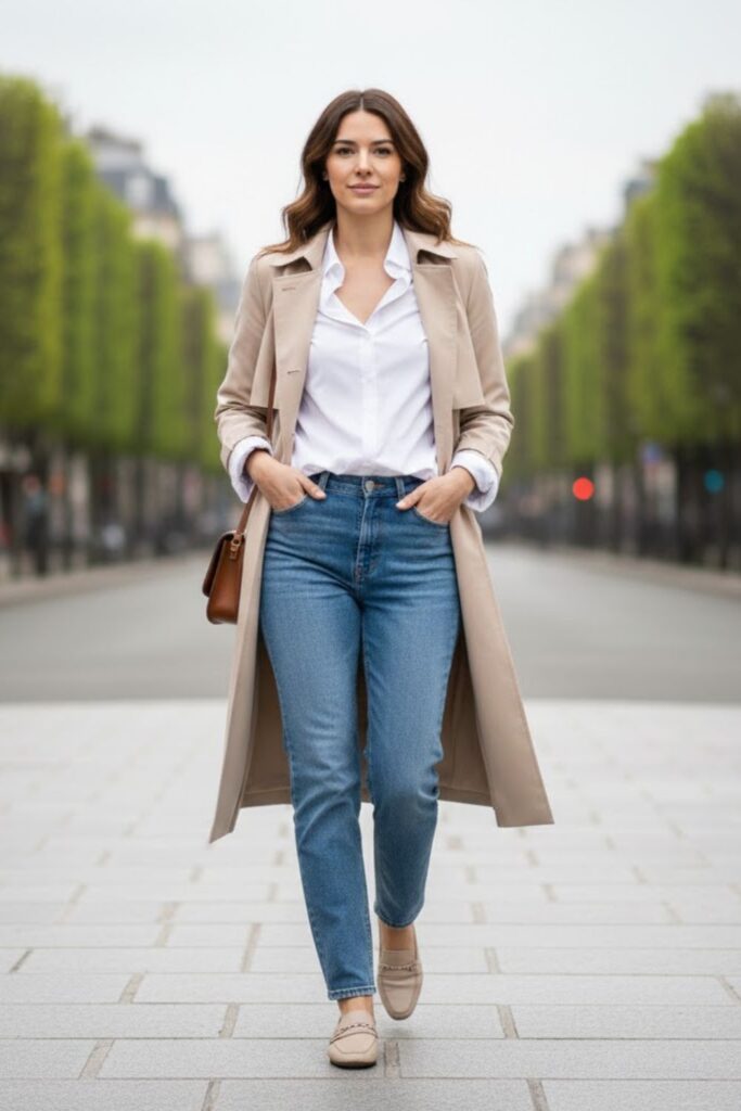 4. Tan Trench Coat with Button-Down Shirt and Jeans