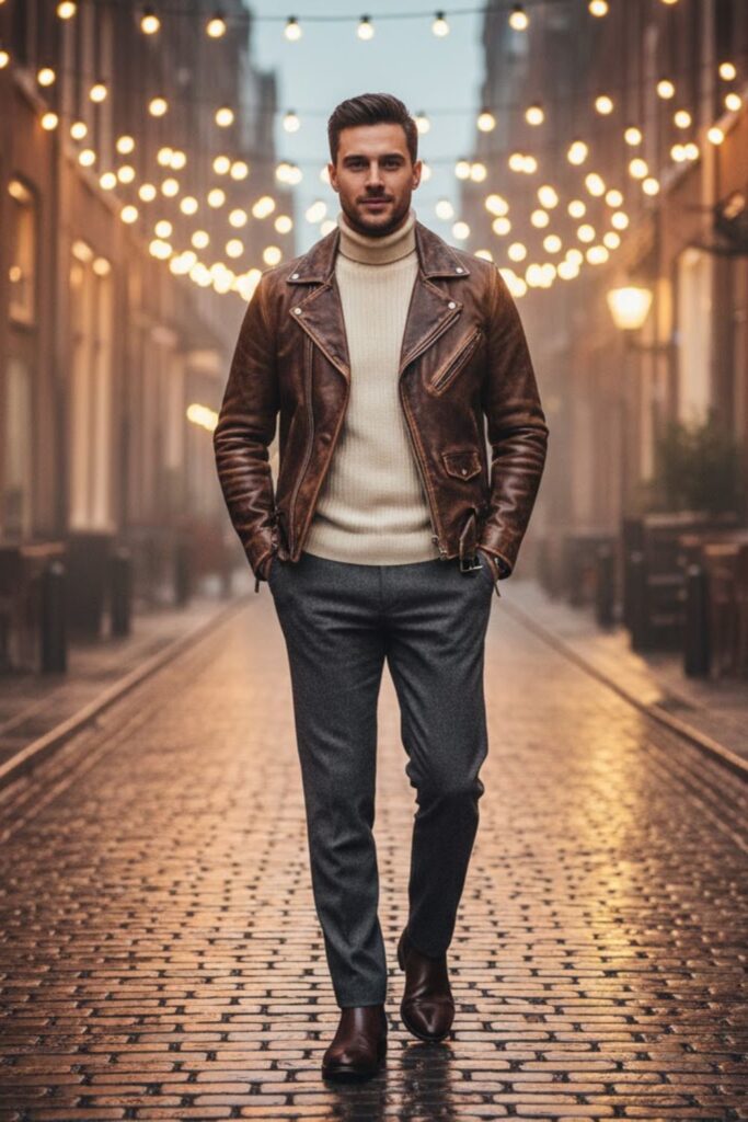 4. Vintage Leather Jacket with Turtleneck and Tailored Trousers