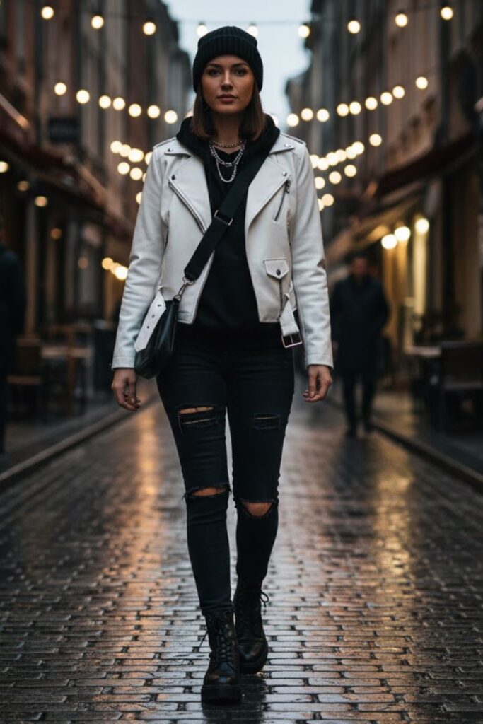4. White Leather Jacket with Black Hoodie and Ripped Jeans