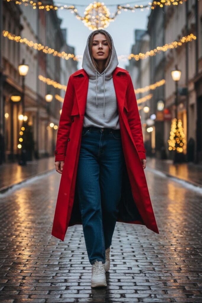 4. Winter Trench Coat with a Hoodie and Straight-Leg Jeans