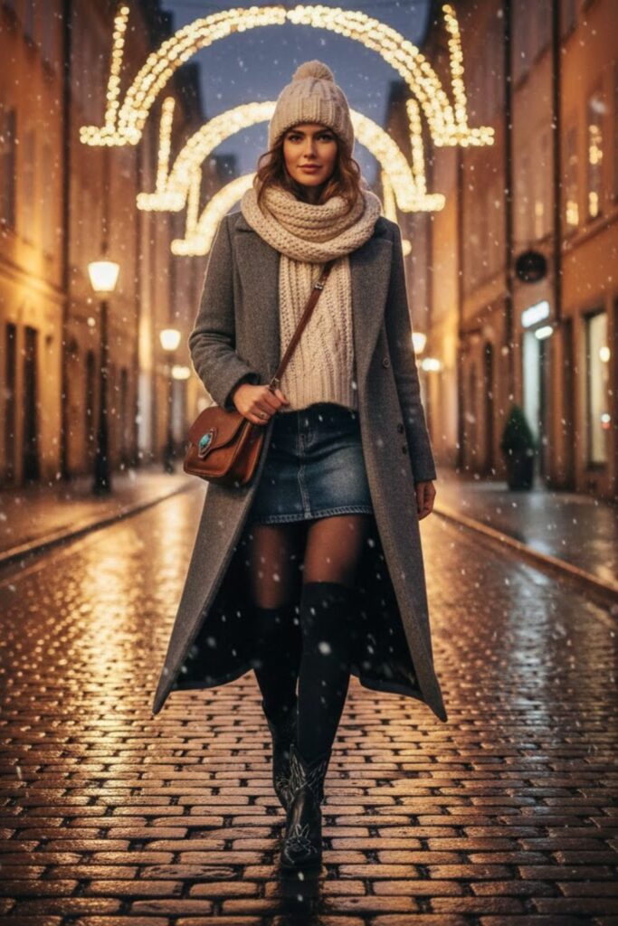 4. Wool Blend Coat with Denim Skirt, Tights, and Ankle Boots