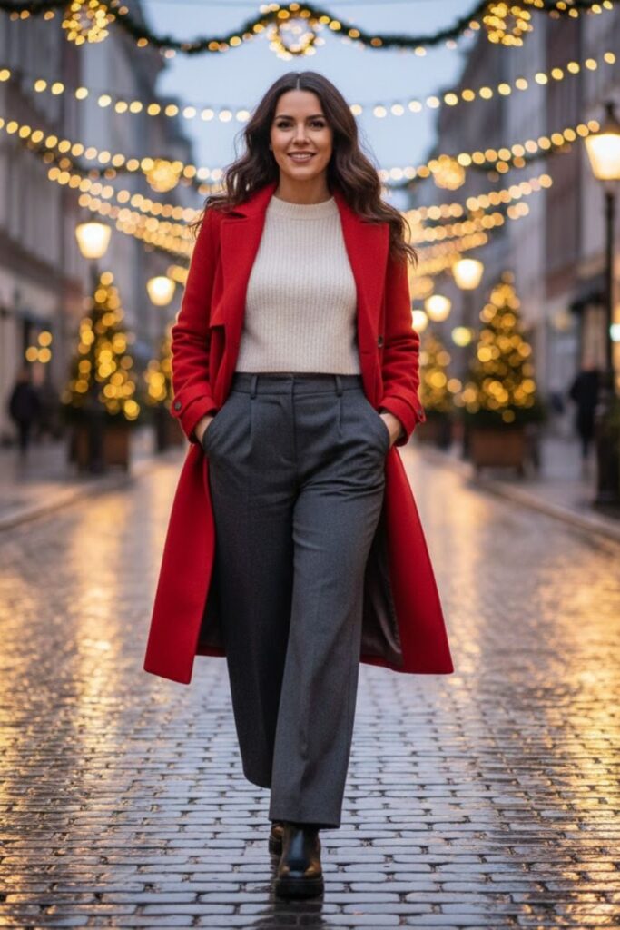 4. Wool Trench Coat with a Sweater and Wide-Leg Pants