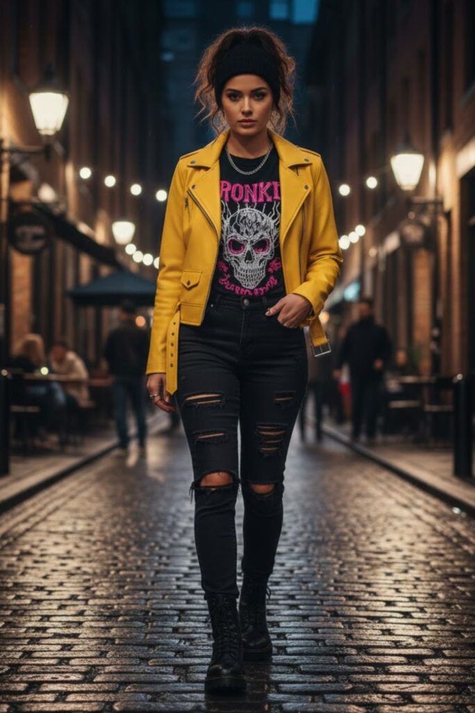 4. Yellow Leather Jacket with Print Tee and Distressed Jeans