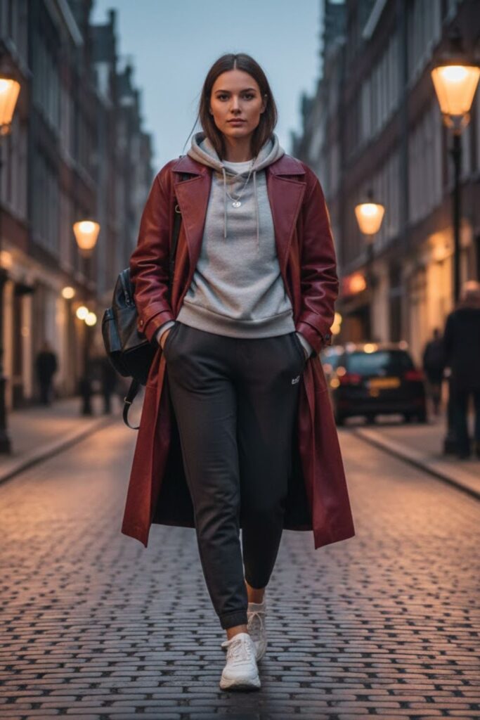 4. Zara Leather Jacket with a Hoodie and Joggers
