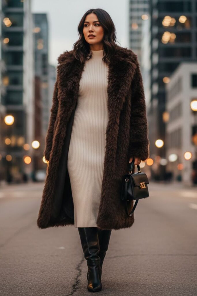 4. long fur coat outfit with knit dress and knee-high boots
