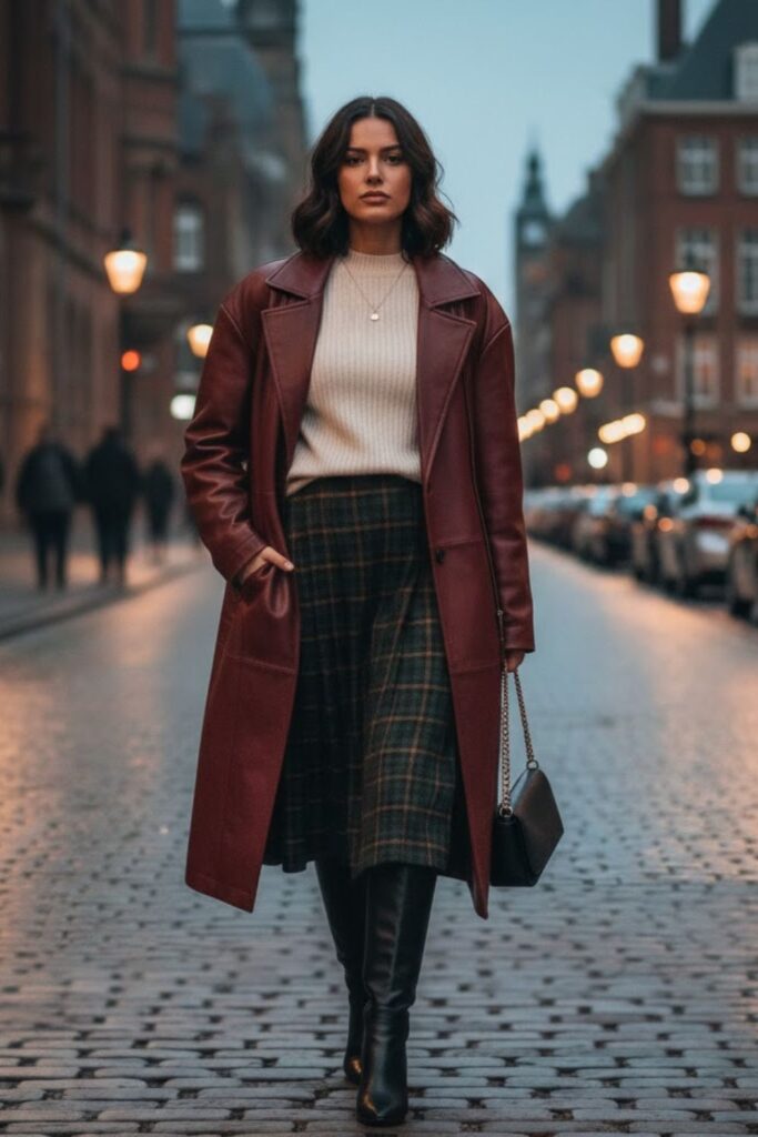 5. Baggy Leather Jacket with Plaid Skirt and Knee-High Boots