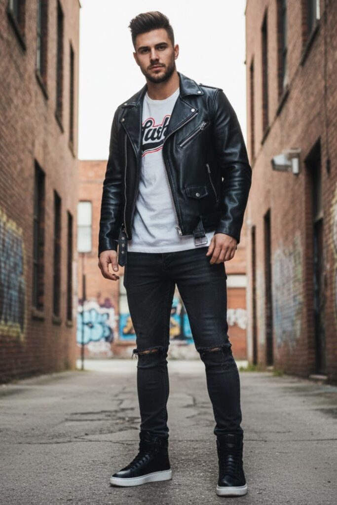 5. Black Leather Jacket Outfit Men with Graphic Tee and Distressed Denim