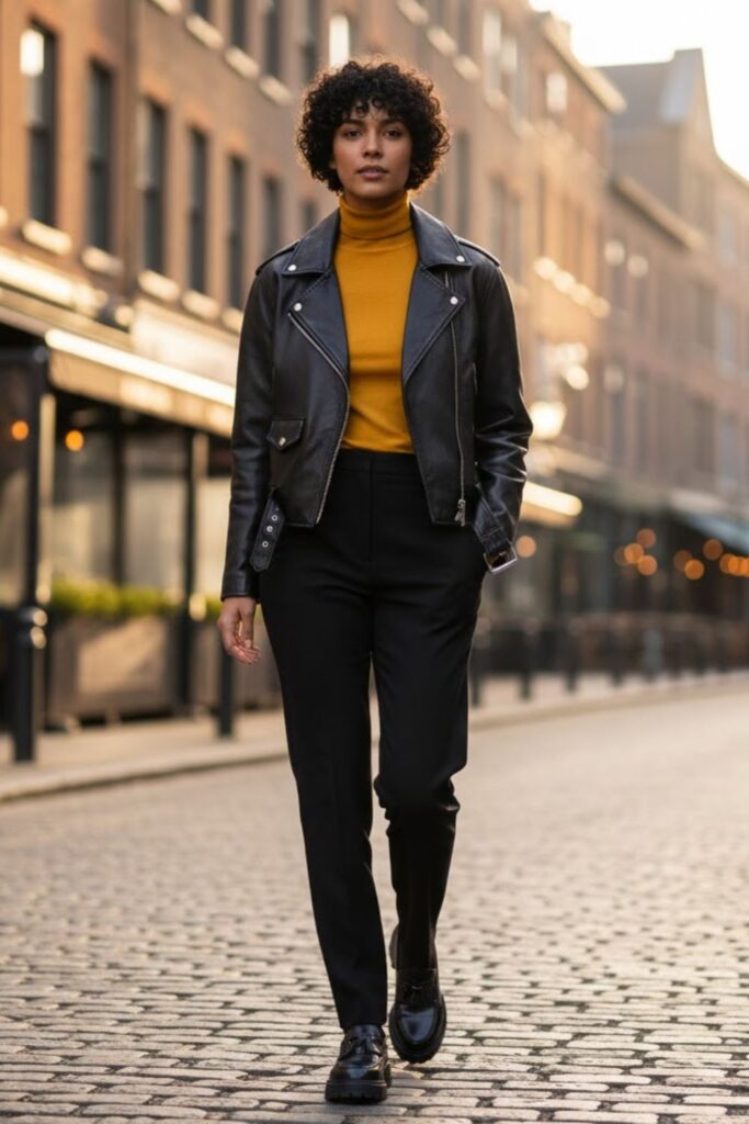 5. Black Leather Jacket and Turtleneck