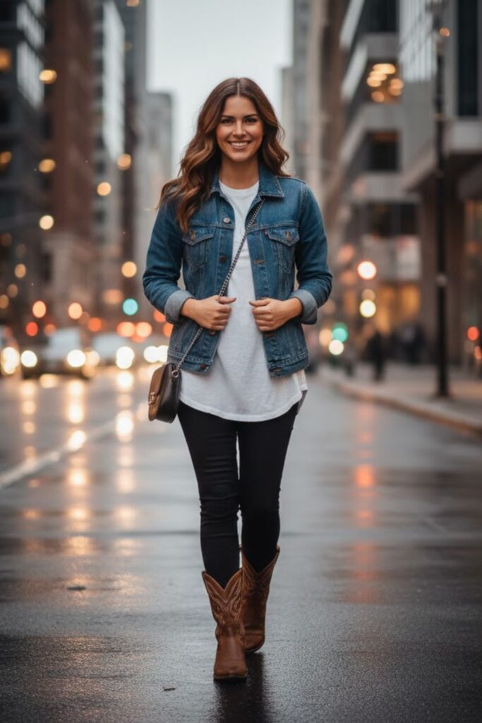 5. Black Leggings with Western Boots and Denim Jacket