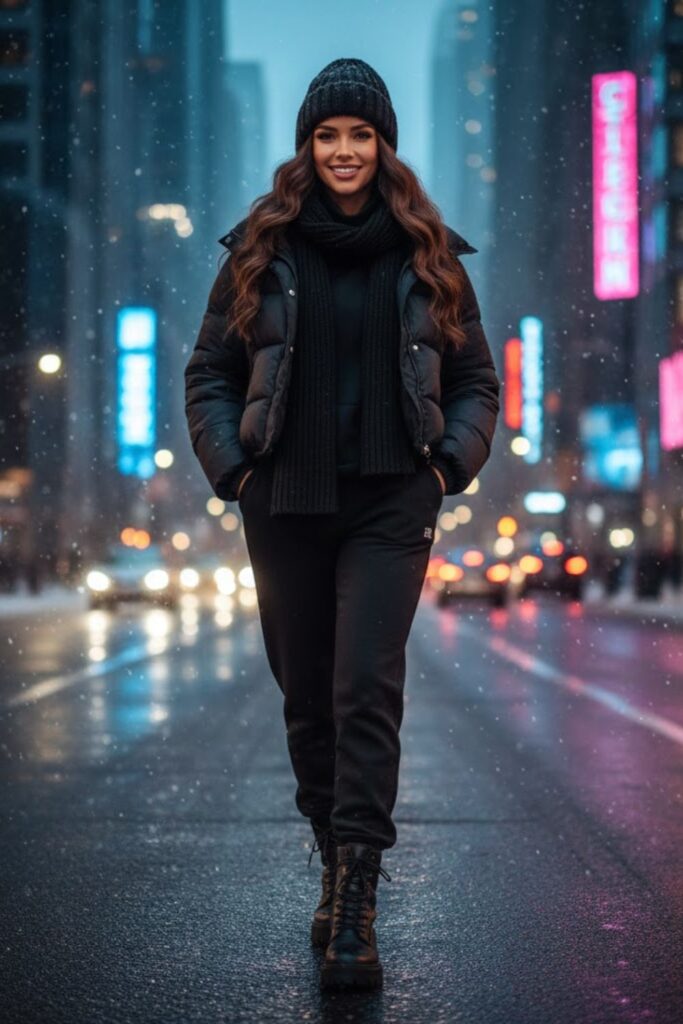 5. Black Puffer Jacket with Black Joggers