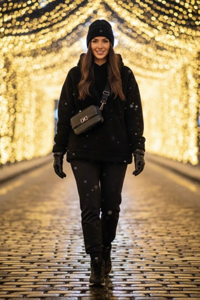 5. Black Sweatpants with Black Hoodie and Winter Trainers